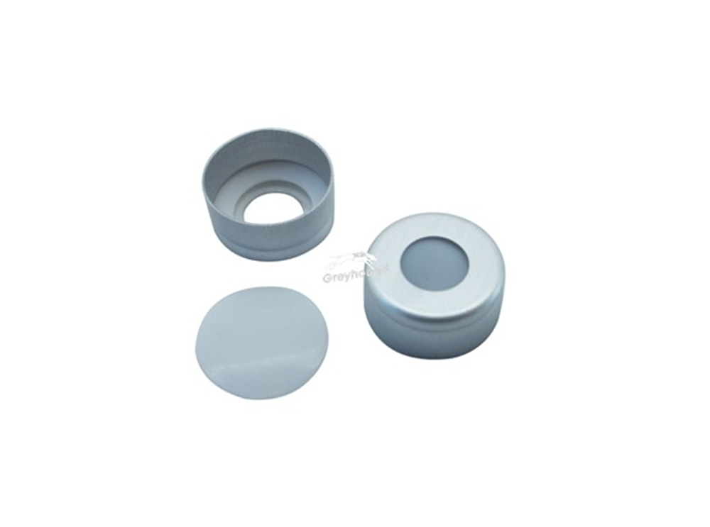 Picture of 11mm TPF Closure, Aluminium Flanged Crimp Cap, (Silver) 5.5mm hole and PTFE Virginal Septa 0.25mm (sealed by additional TPF O-ring), (Shore A 53)